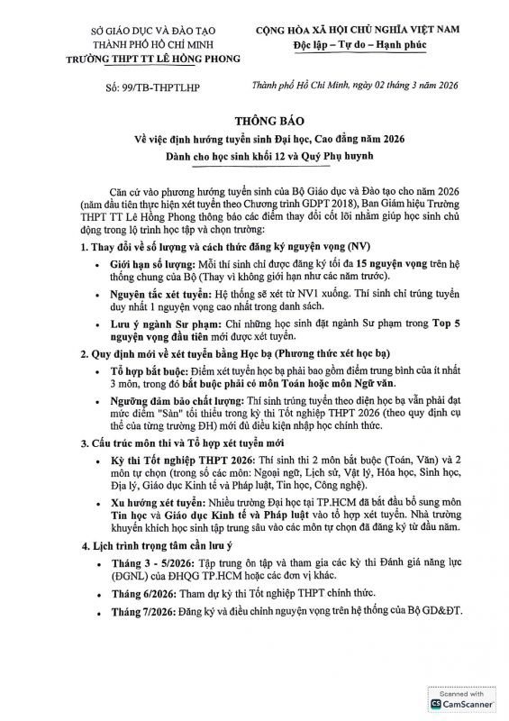 THÔNG BÁO Về việc định hướng tuyển sinh Đại học, Cao đẳng năm 2026 Dành cho học sinh khối 12 và Quý Phụ huynh